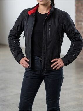Oxford Women's Black Moto Jacket with Red Collar Accent